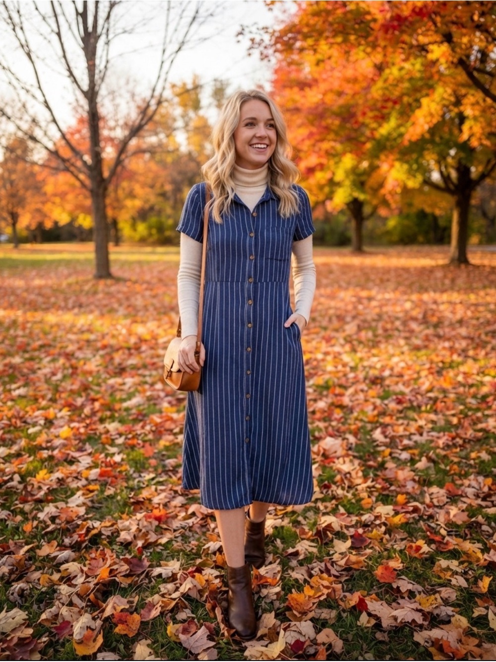 Forever 21 Navy Blue Striped Button-Front Midi Dress